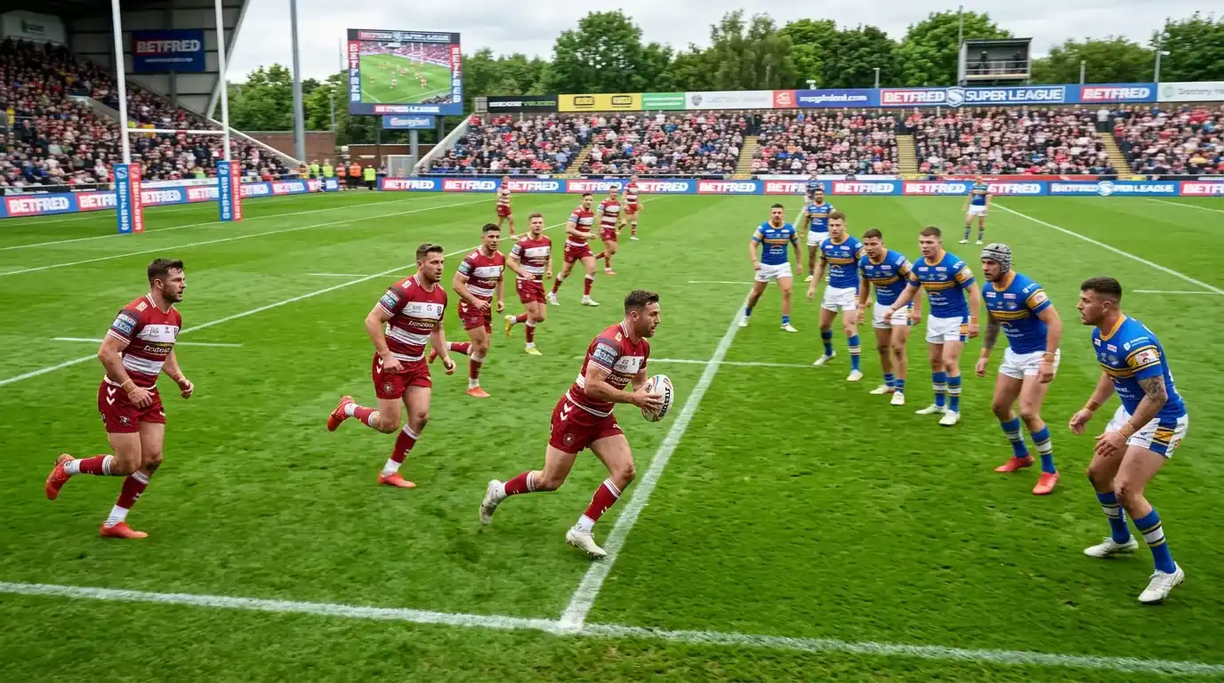 Rugby-League-Mannschaft mit 13 Spielern auf dem Feld in Aktion