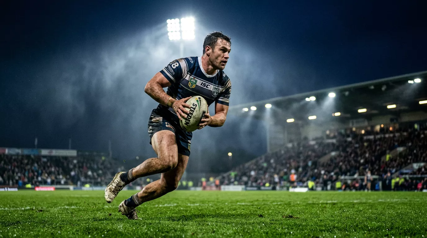 Rugby-League-Spieler mit Ball in einem nächtlichen Stadion bei einem NRL-Spiel